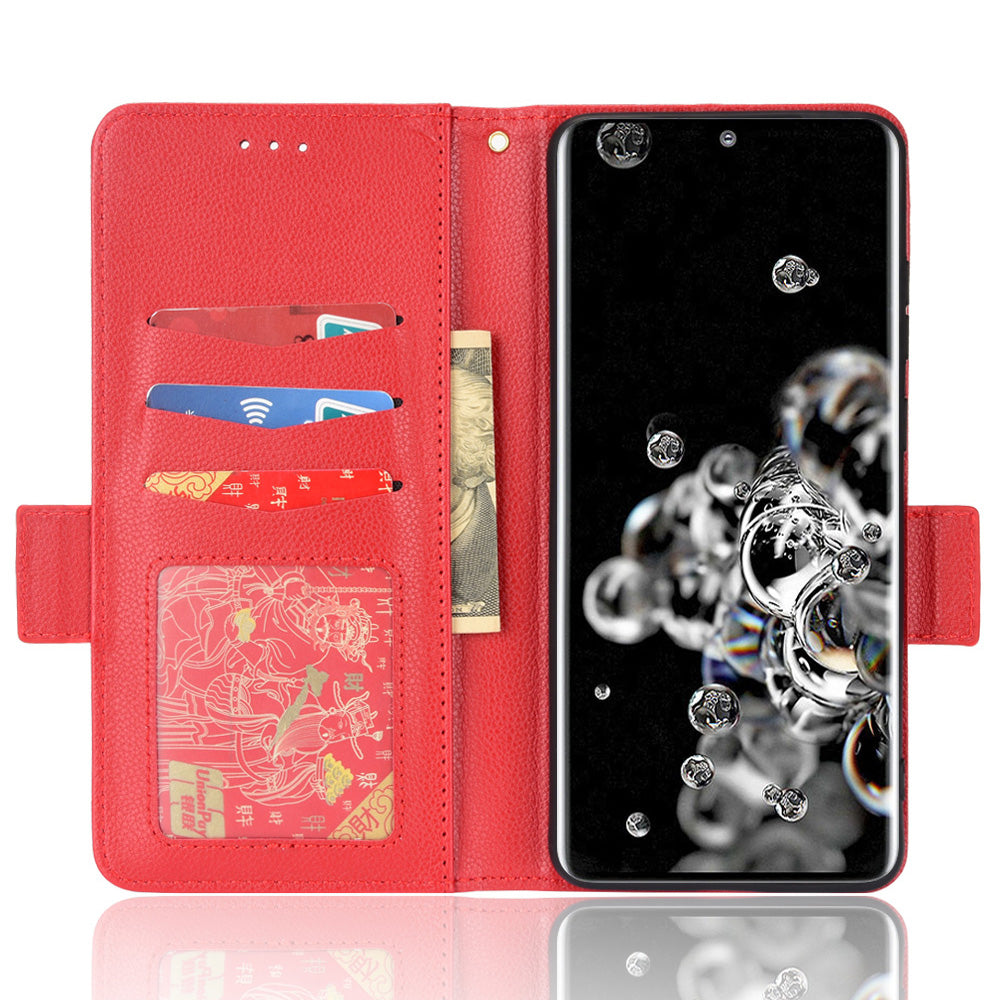 Wallet Stand Phone Leather Cover for Samsung Galaxy S20 Ultra, Litchi Texture Side Magnetic Clasp Case - Red