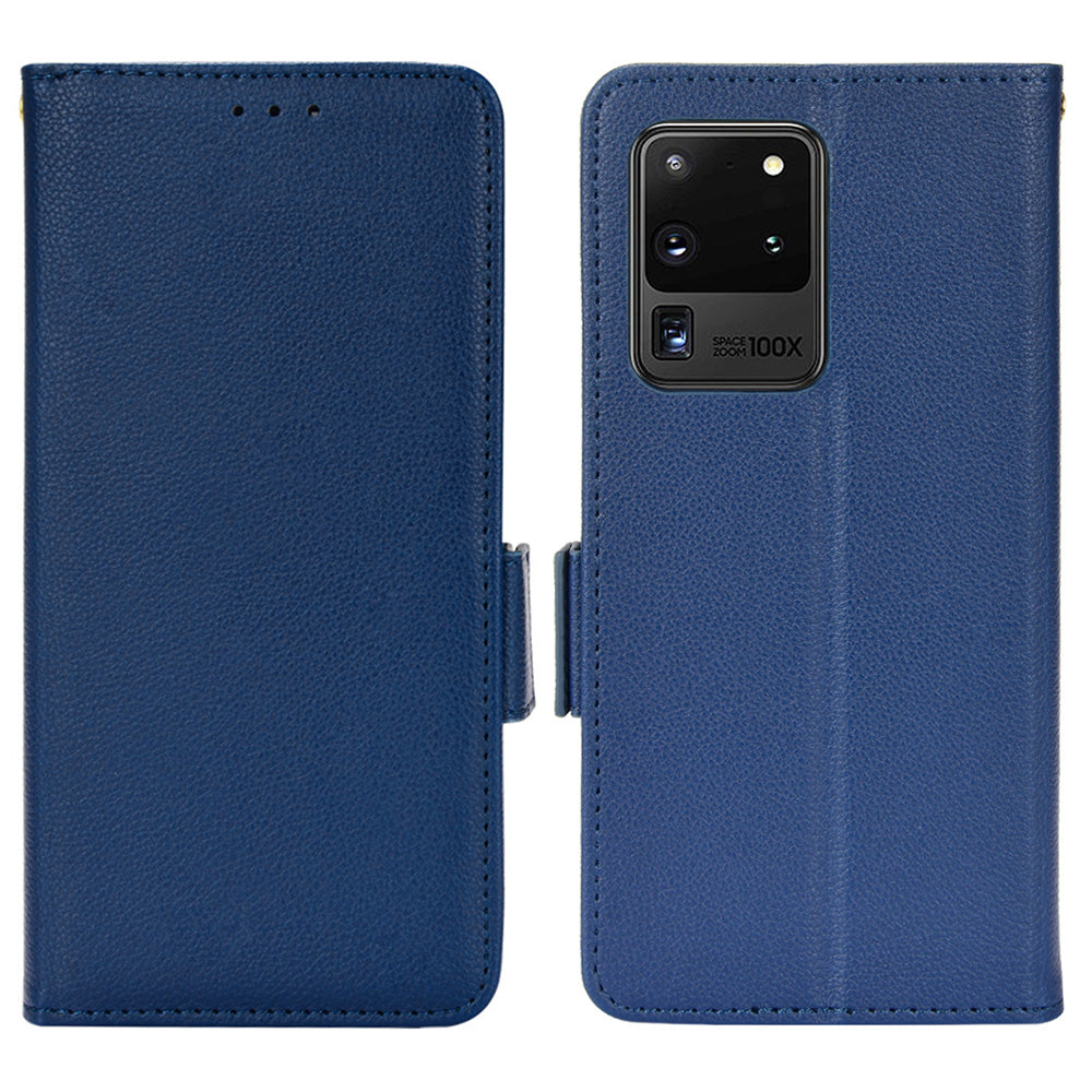 Wallet Stand Phone Leather Cover for Samsung Galaxy S20 Ultra, Litchi Texture Side Magnetic Clasp Case - Dark Blue