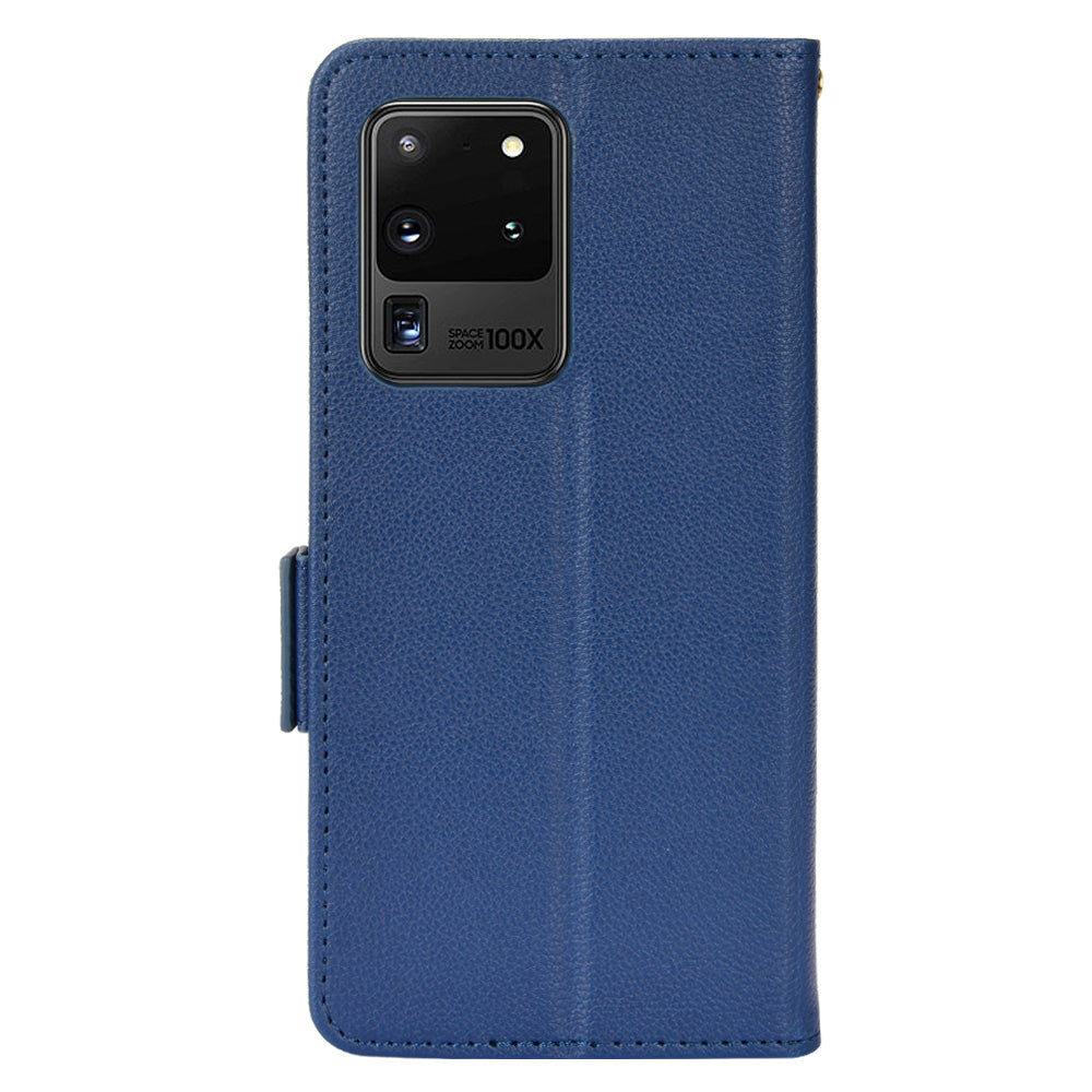 Wallet Stand Phone Leather Cover for Samsung Galaxy S20 Ultra, Litchi Texture Side Magnetic Clasp Case - Dark Blue