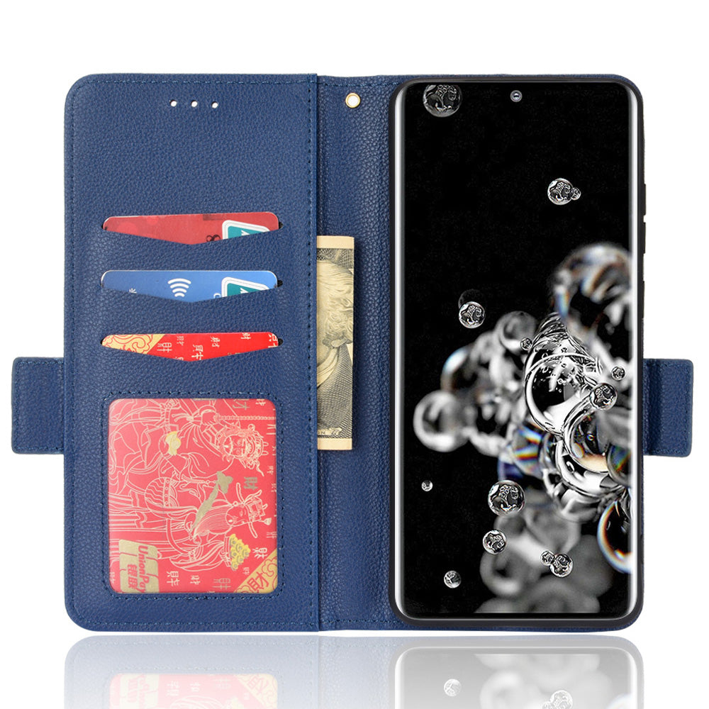 Wallet Stand Phone Leather Cover for Samsung Galaxy S20 Ultra, Litchi Texture Side Magnetic Clasp Case - Dark Blue