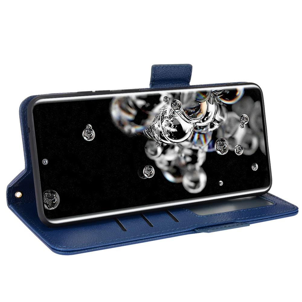 Wallet Stand Phone Leather Cover for Samsung Galaxy S20 Ultra, Litchi Texture Side Magnetic Clasp Case - Dark Blue