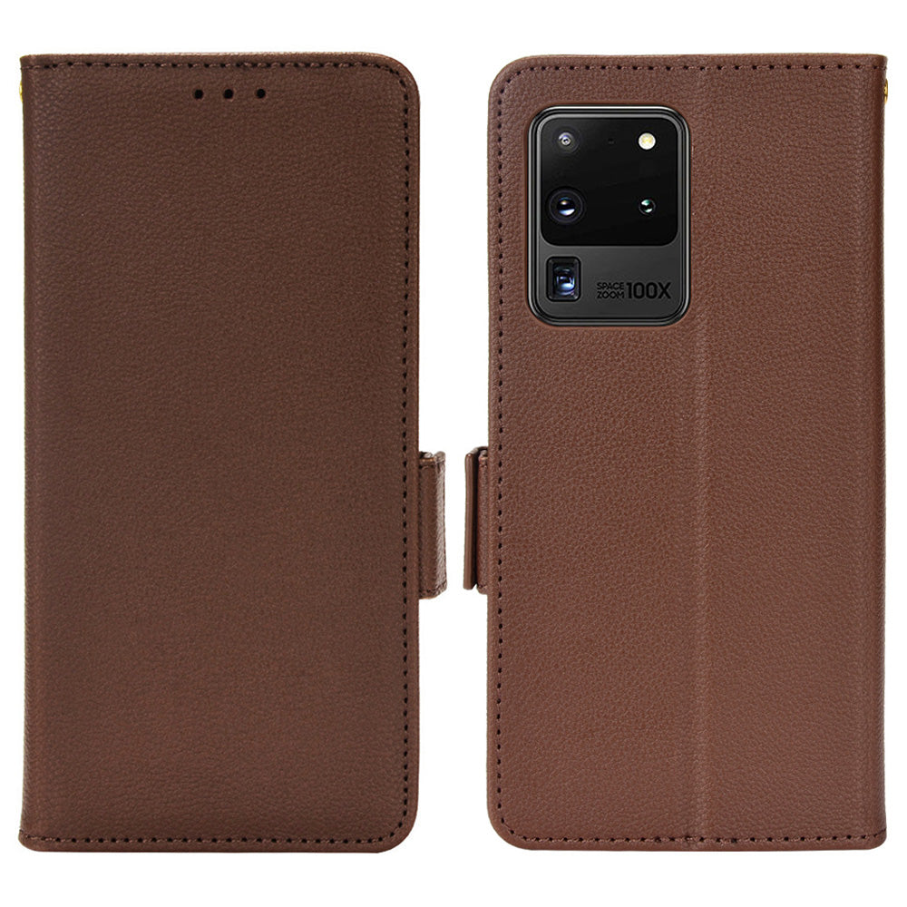 Wallet Stand Phone Leather Cover for Samsung Galaxy S20 Ultra, Litchi Texture Side Magnetic Clasp Case - Brown