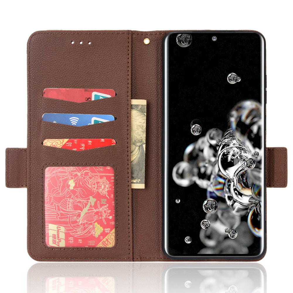 Wallet Stand Phone Leather Cover for Samsung Galaxy S20 Ultra, Litchi Texture Side Magnetic Clasp Case - Brown