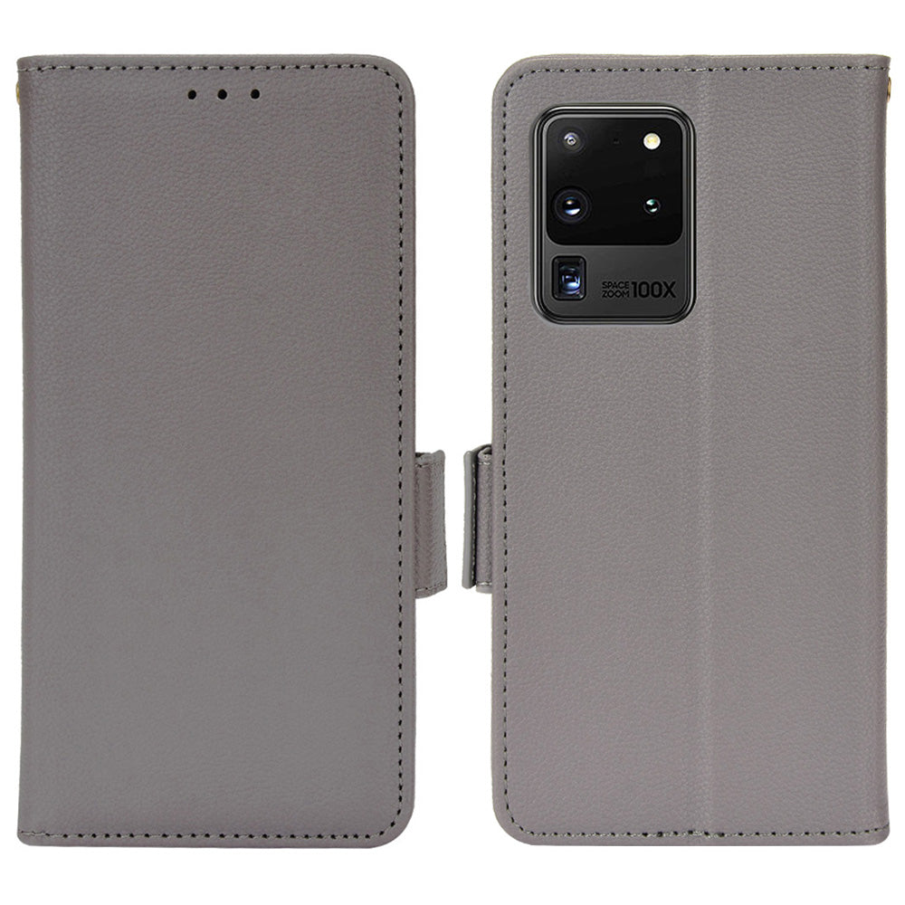 Wallet Stand Phone Leather Cover for Samsung Galaxy S20 Ultra, Litchi Texture Side Magnetic Clasp Case - Grey