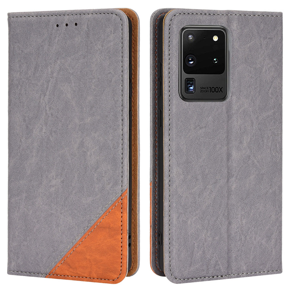 Splicing PU Leather Case for Samsung Galaxy S20 Ultra, Full Protection Magnetic Auto-absorbed Flip Wallet Stand Cover - Grey