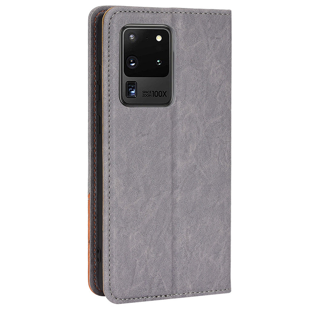 Splicing PU Leather Case for Samsung Galaxy S20 Ultra, Full Protection Magnetic Auto-absorbed Flip Wallet Stand Cover - Grey