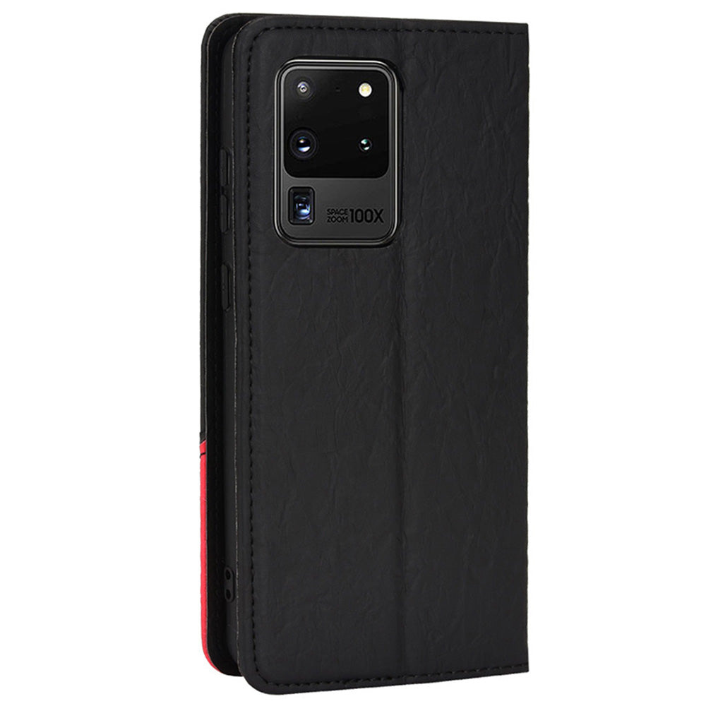 Splicing PU Leather Case for Samsung Galaxy S20 Ultra, Full Protection Magnetic Auto-absorbed Flip Wallet Stand Cover - Black