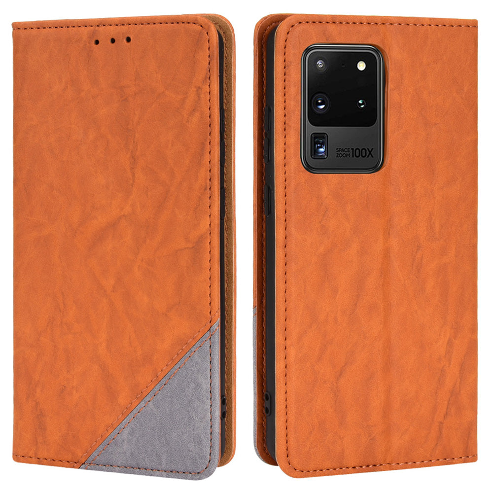 Splicing PU Leather Case for Samsung Galaxy S20 Ultra, Full Protection Magnetic Auto-absorbed Flip Wallet Stand Cover - Brown