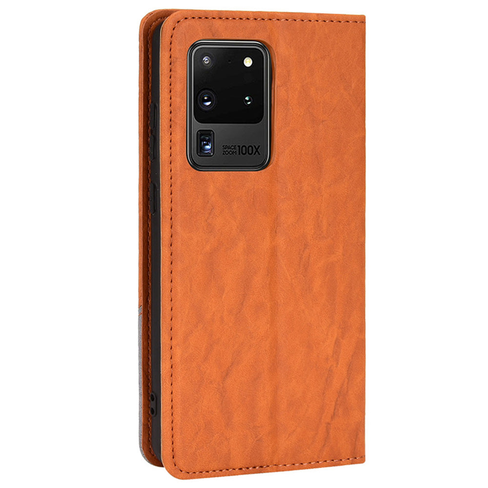 Splicing PU Leather Case for Samsung Galaxy S20 Ultra, Full Protection Magnetic Auto-absorbed Flip Wallet Stand Cover - Brown