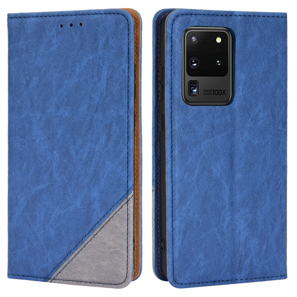 Splicing PU Leather Case for Samsung Galaxy S20 Ultra, Full Protection Magnetic Auto-absorbed Flip Wallet Stand Cover - Blue