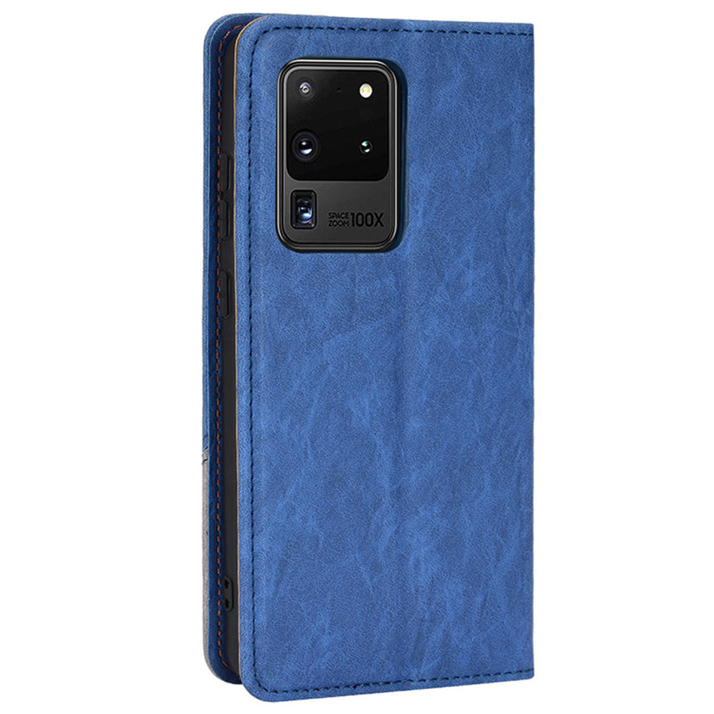 Splicing PU Leather Case for Samsung Galaxy S20 Ultra, Full Protection Magnetic Auto-absorbed Flip Wallet Stand Cover - Blue