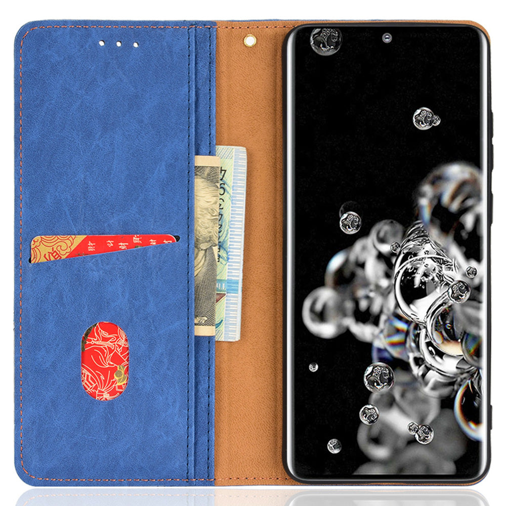 Splicing PU Leather Case for Samsung Galaxy S20 Ultra, Full Protection Magnetic Auto-absorbed Flip Wallet Stand Cover - Blue