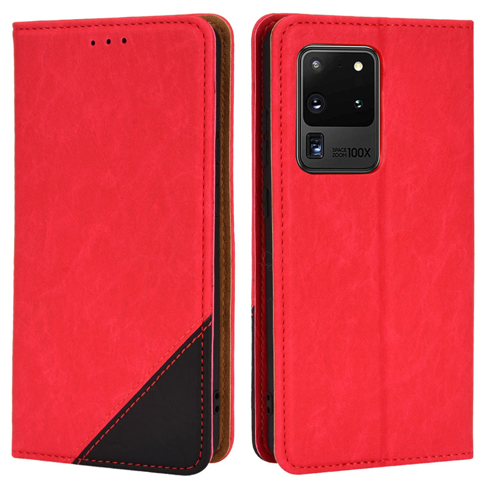 Splicing PU Leather Case for Samsung Galaxy S20 Ultra, Full Protection Magnetic Auto-absorbed Flip Wallet Stand Cover - Red