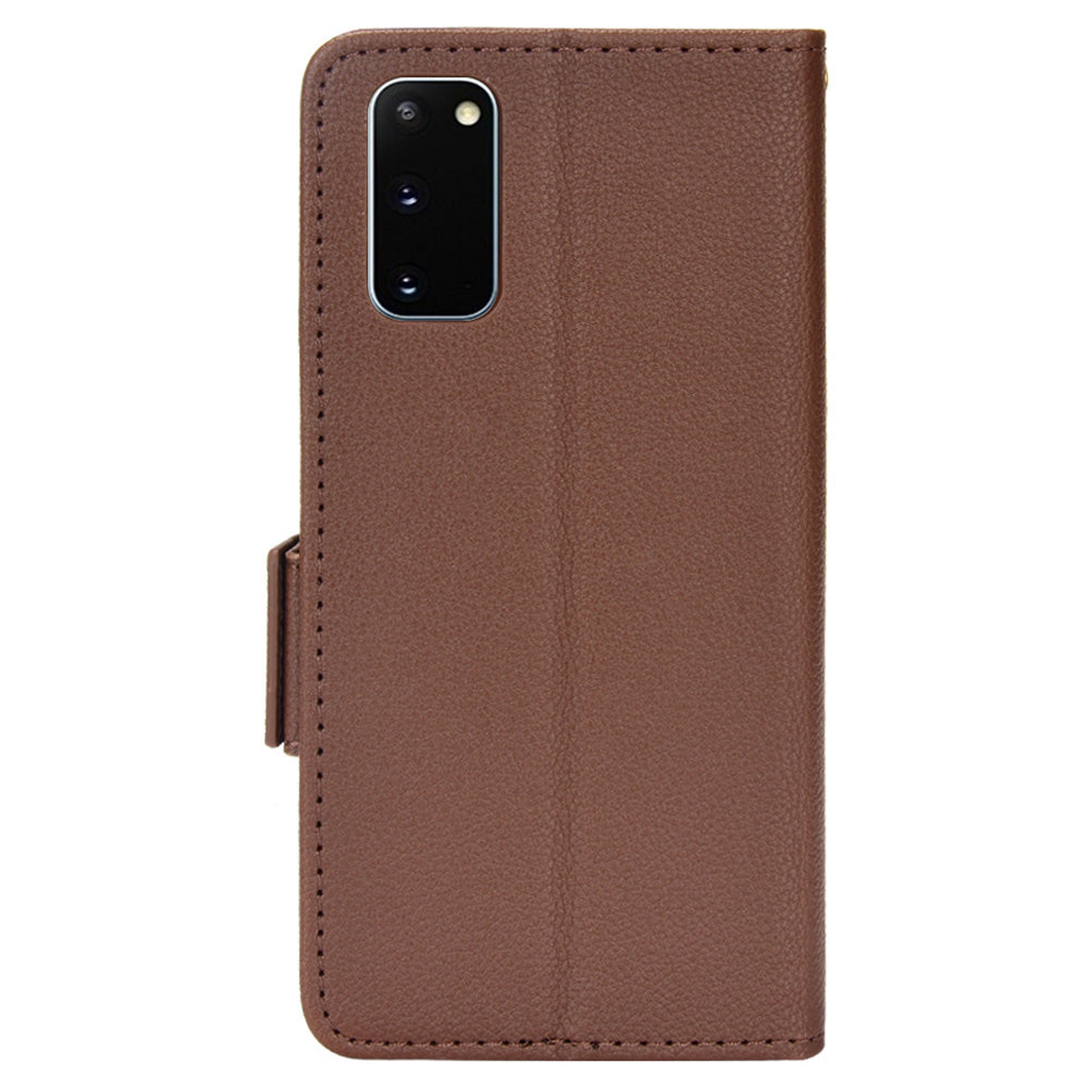 Litchi Texture Leather Stand Phone Case for Samsung Galaxy S20 4G/S20 5G, Side Double Magnetic Clasp Wallet Cover - Brown