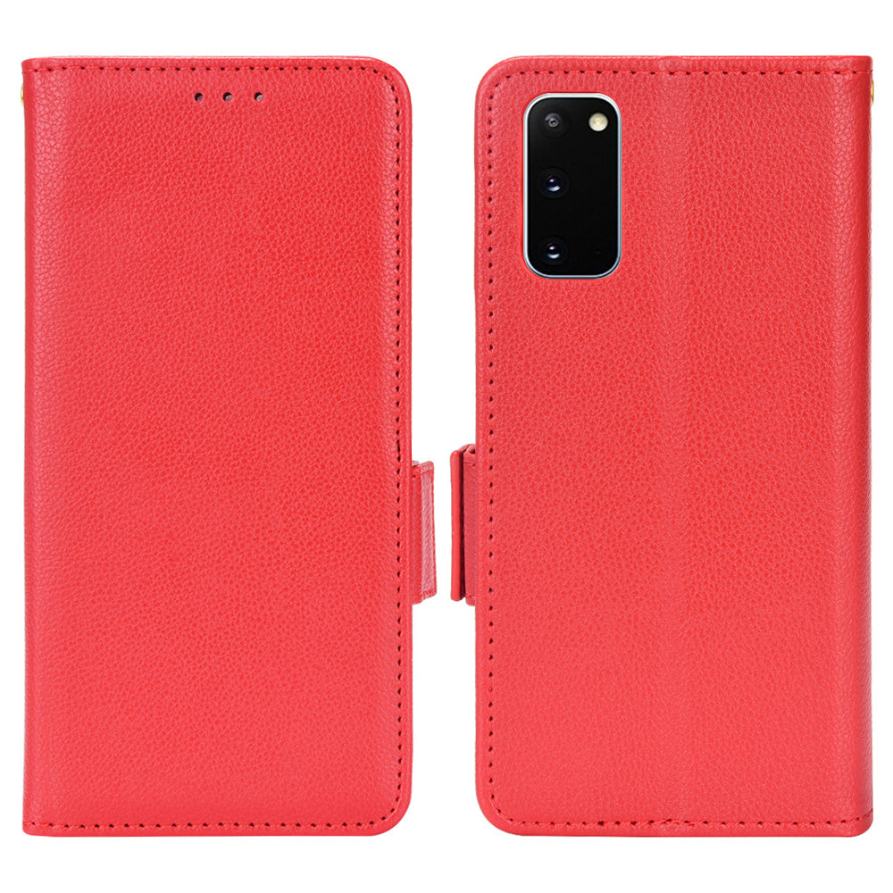 Litchi Texture Leather Stand Phone Case for Samsung Galaxy S20 4G/S20 5G, Side Double Magnetic Clasp Wallet Cover - Red