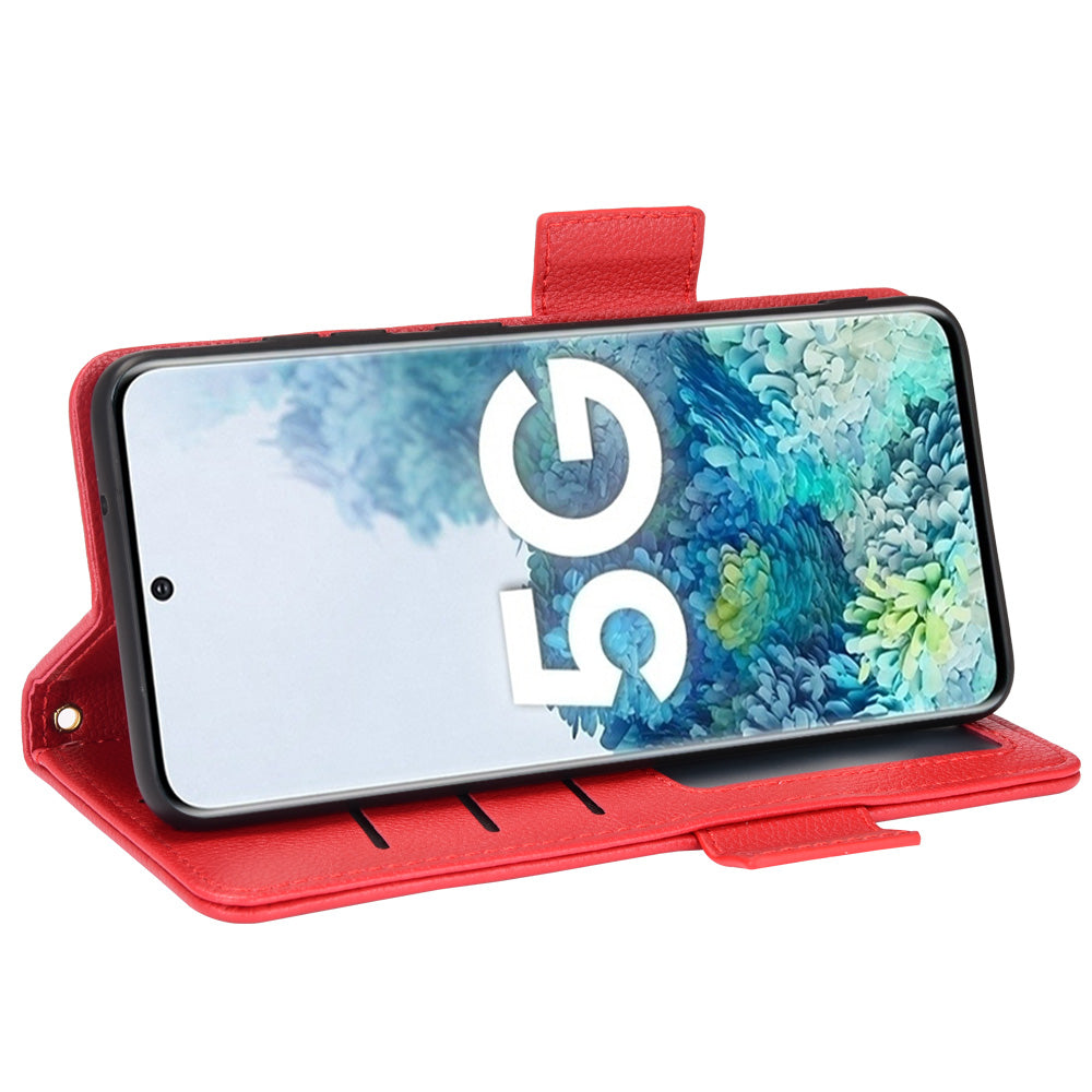 Litchi Texture Leather Stand Phone Case for Samsung Galaxy S20 4G/S20 5G, Side Double Magnetic Clasp Wallet Cover - Red