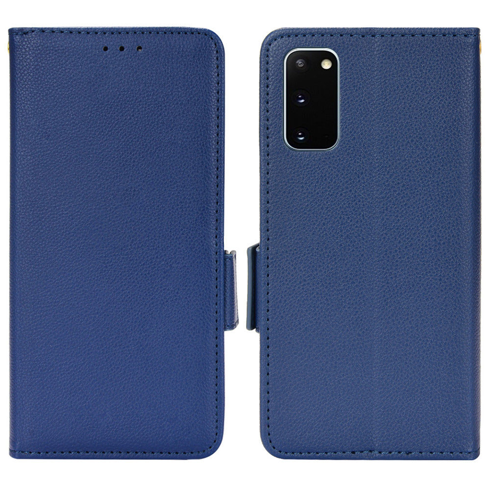 Litchi Texture Leather Stand Phone Case for Samsung Galaxy S20 4G/S20 5G, Side Double Magnetic Clasp Wallet Cover - Dark Blue