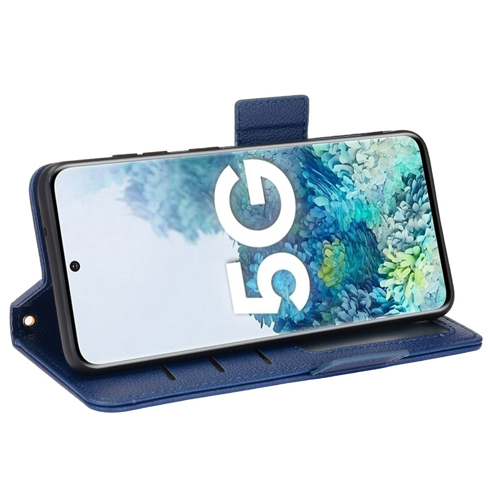 Litchi Texture Leather Stand Phone Case for Samsung Galaxy S20 4G/S20 5G, Side Double Magnetic Clasp Wallet Cover - Dark Blue