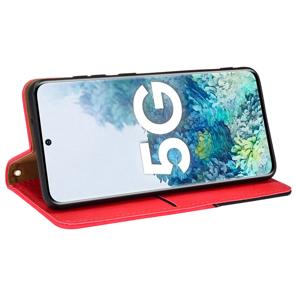 For Samsung Galaxy S20 4G/S20 5G Color Splicing Wallet Stand Leather Case Folio Style Magnetic Auto-absorbed Shell - Red