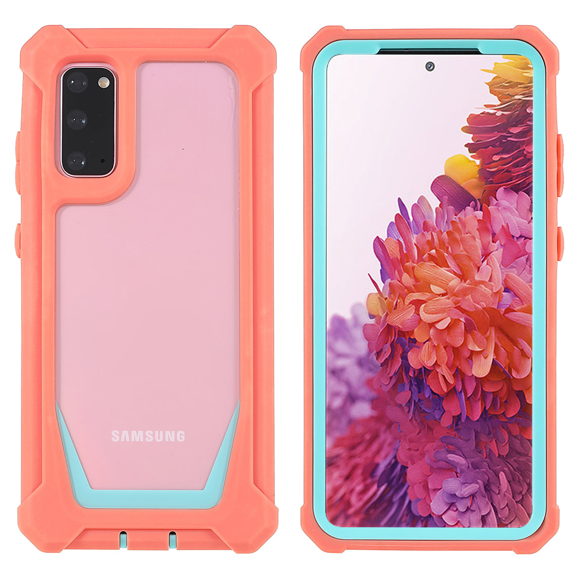 For Samsung Galaxy S20 4G/S20 5G Precise Cutout Shockproof Anti-drop Soft TPU Frame + Acrylic Back Detachable 2-in-1 Mobile Phone Case - Coral Pink/Bluish Green