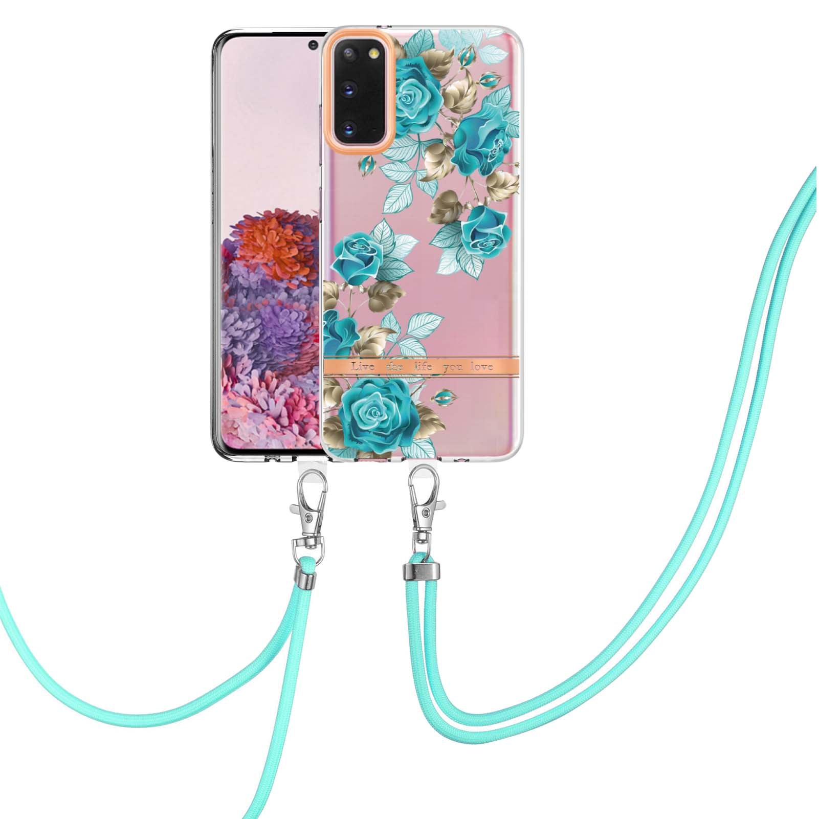 YB IMD-9 Series IMD IML Electroplating Phone Case for Samsung Galaxy S20 4G/S20 5G, Soft TPU Flower Pattern Phone Cover with Lanyard - HC002 Blue Rose