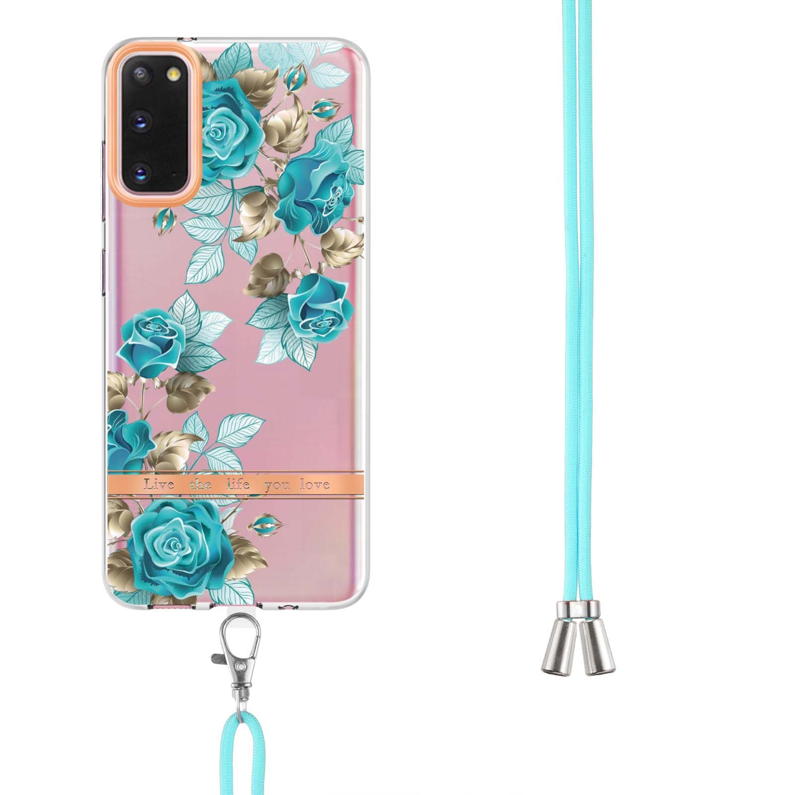 YB IMD-9 Series IMD IML Electroplating Phone Case for Samsung Galaxy S20 4G/S20 5G, Soft TPU Flower Pattern Phone Cover with Lanyard - HC002 Blue Rose