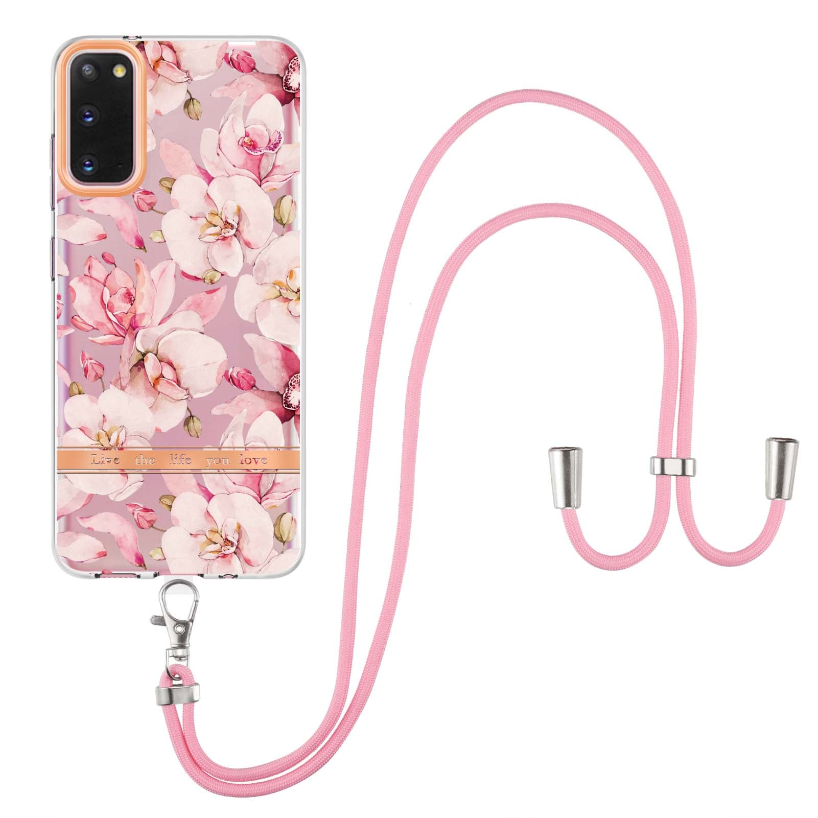 YB IMD-9 Series IMD IML Electroplating Phone Case for Samsung Galaxy S20 4G/S20 5G, Soft TPU Flower Pattern Phone Cover with Lanyard - HC005 Pink Gardenia