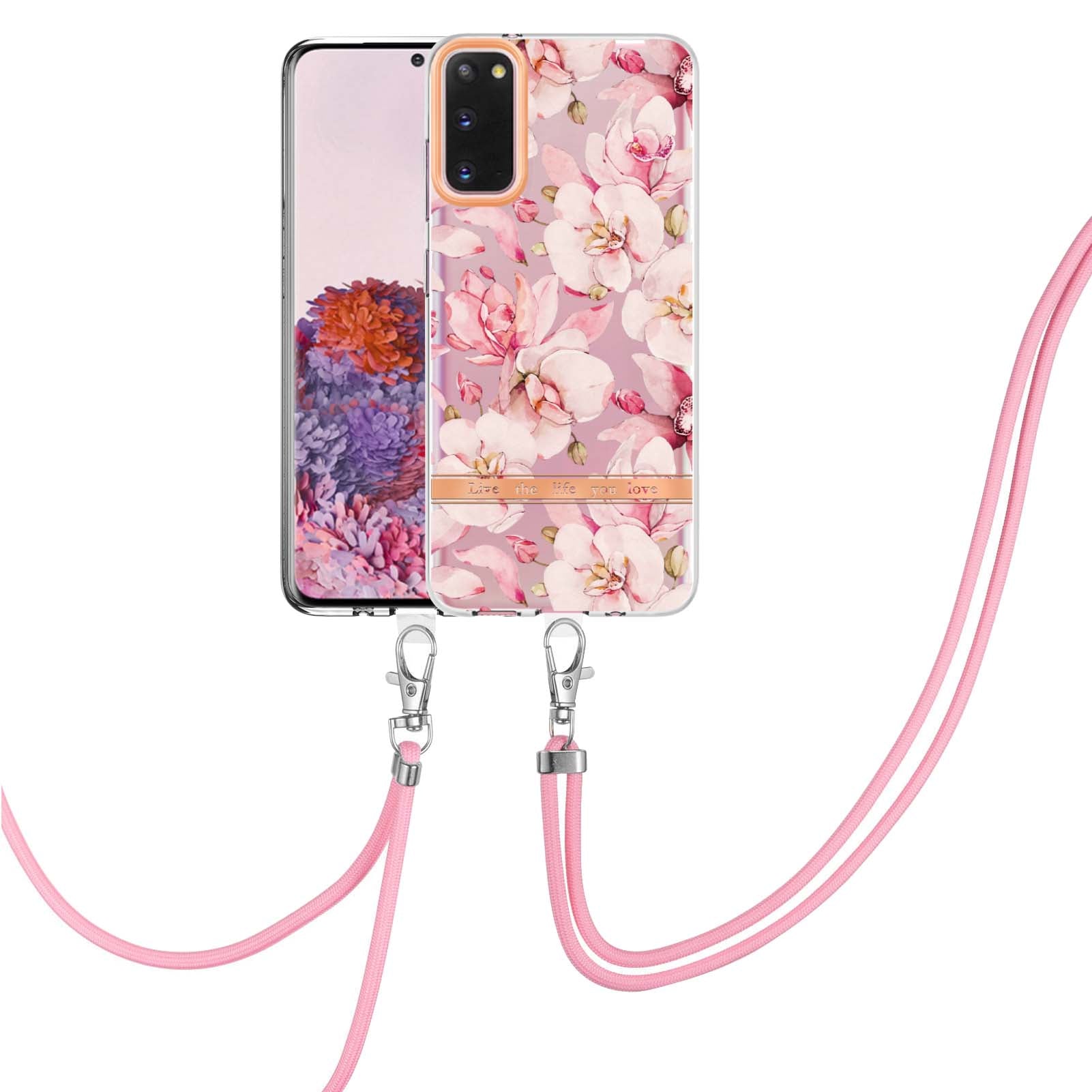 YB IMD-9 Series IMD IML Electroplating Phone Case for Samsung Galaxy S20 4G/S20 5G, Soft TPU Flower Pattern Phone Cover with Lanyard - HC005 Pink Gardenia