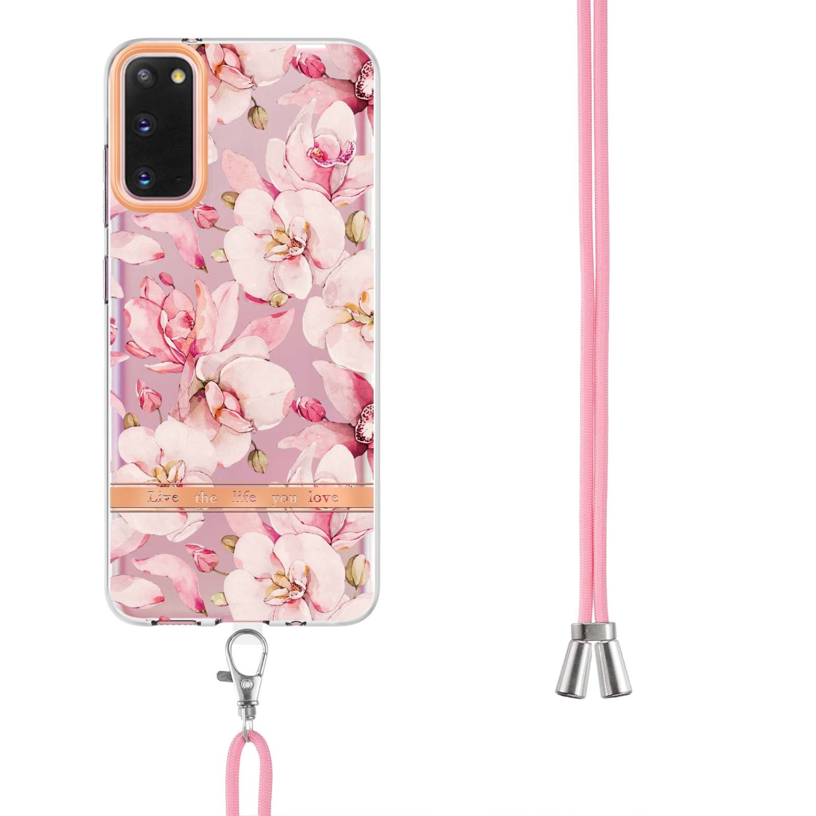 YB IMD-9 Series IMD IML Electroplating Phone Case for Samsung Galaxy S20 4G/S20 5G, Soft TPU Flower Pattern Phone Cover with Lanyard - HC005 Pink Gardenia