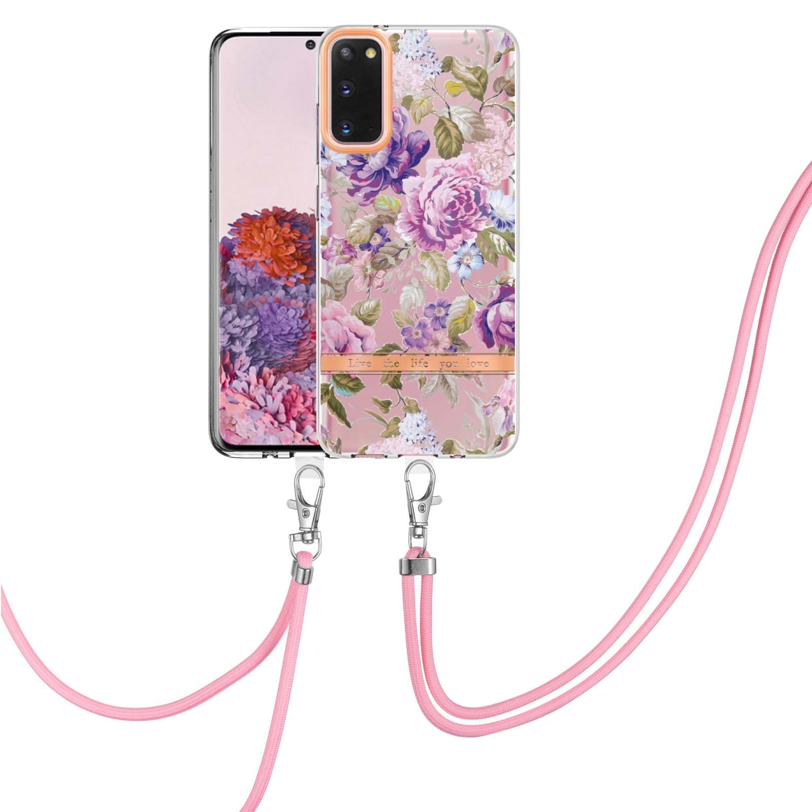 YB IMD-9 Series IMD IML Electroplating Phone Case for Samsung Galaxy S20 4G/S20 5G, Soft TPU Flower Pattern Phone Cover with Lanyard - HC006 Purple Peony