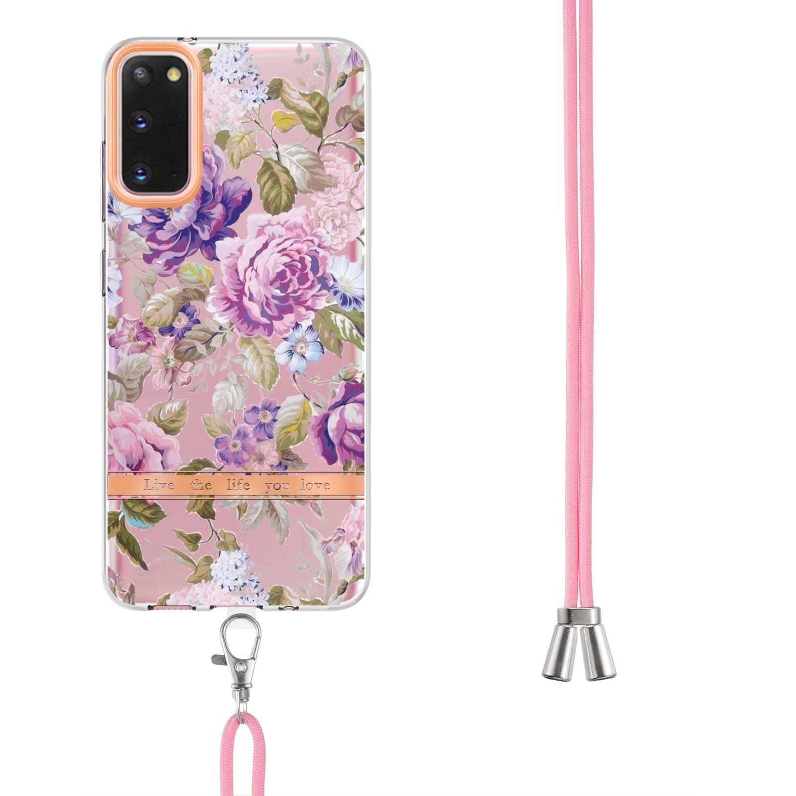 YB IMD-9 Series IMD IML Electroplating Phone Case for Samsung Galaxy S20 4G/S20 5G, Soft TPU Flower Pattern Phone Cover with Lanyard - HC006 Purple Peony