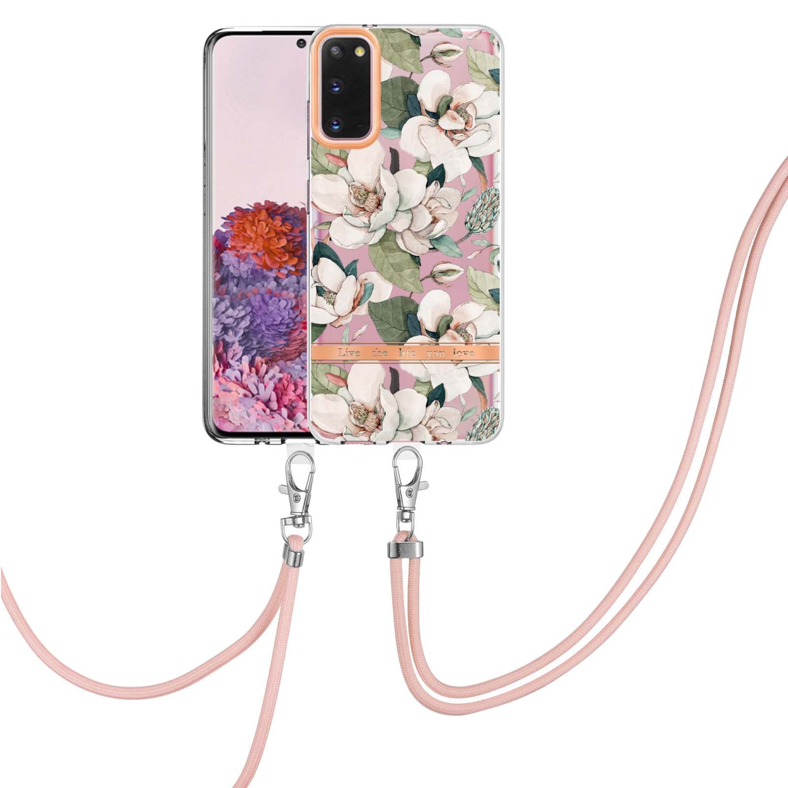 YB IMD-9 Series IMD IML Electroplating Phone Case for Samsung Galaxy S20 4G/S20 5G, Soft TPU Flower Pattern Phone Cover with Lanyard - HC001 Green Gardenia