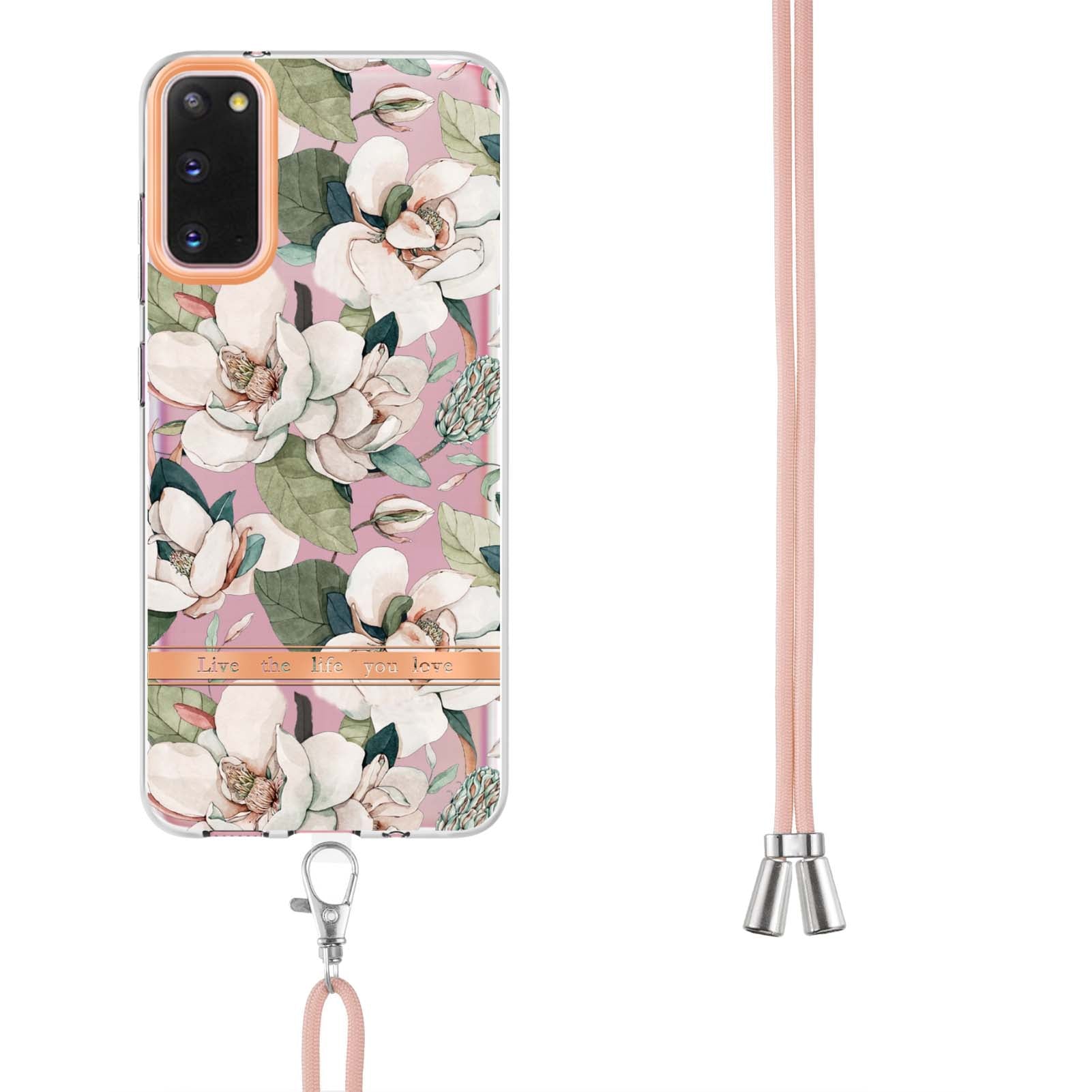 YB IMD-9 Series IMD IML Electroplating Phone Case for Samsung Galaxy S20 4G/S20 5G, Soft TPU Flower Pattern Phone Cover with Lanyard - HC001 Green Gardenia