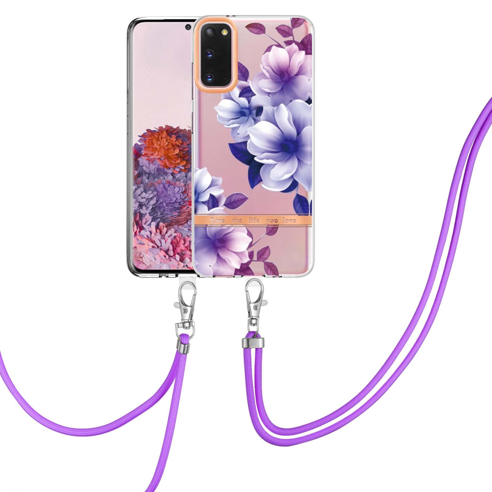 YB IMD-9 Series IMD IML Electroplating Phone Case for Samsung Galaxy S20 4G/S20 5G, Soft TPU Flower Pattern Phone Cover with Lanyard - HC004 Purple Begonia