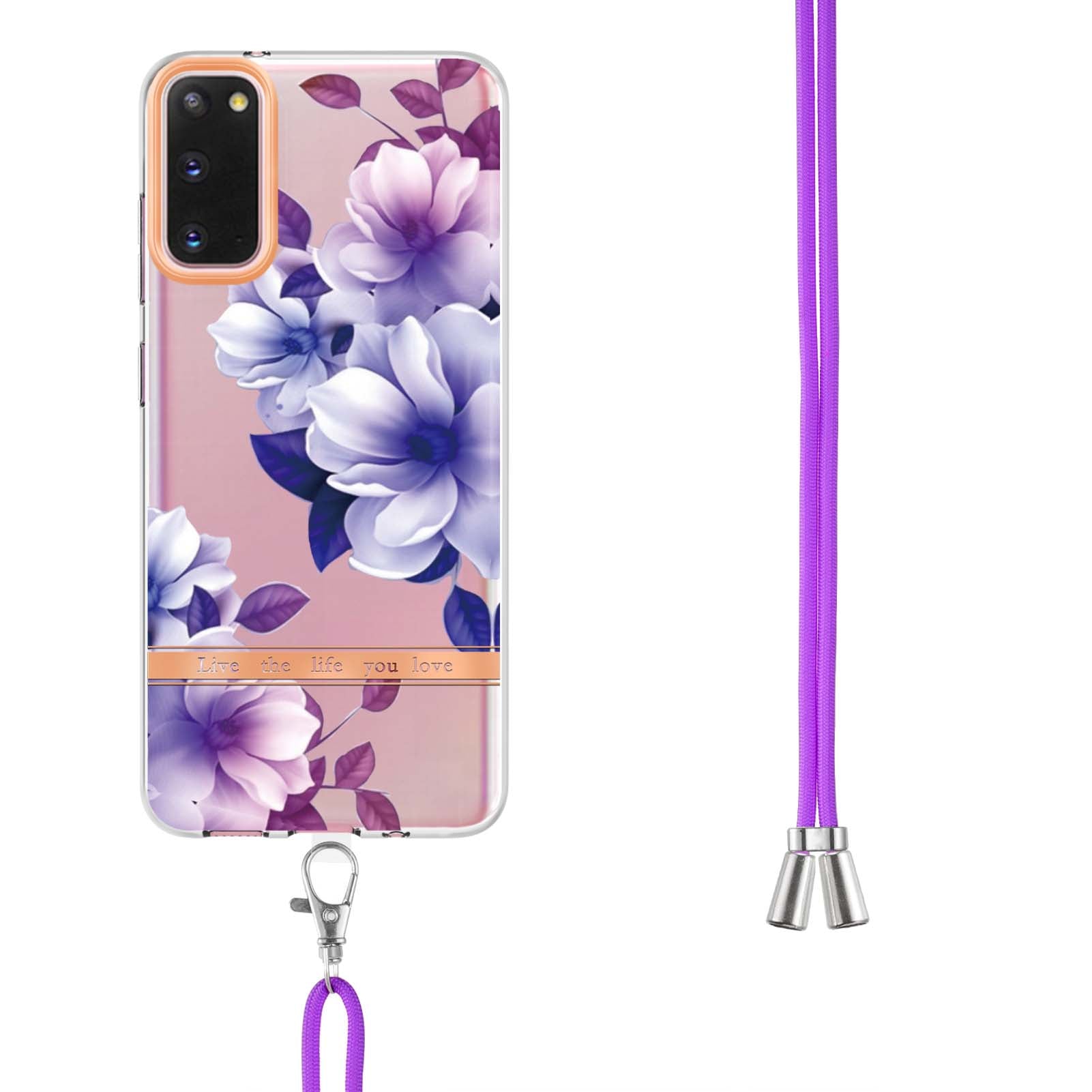 YB IMD-9 Series IMD IML Electroplating Phone Case for Samsung Galaxy S20 4G/S20 5G, Soft TPU Flower Pattern Phone Cover with Lanyard - HC004 Purple Begonia