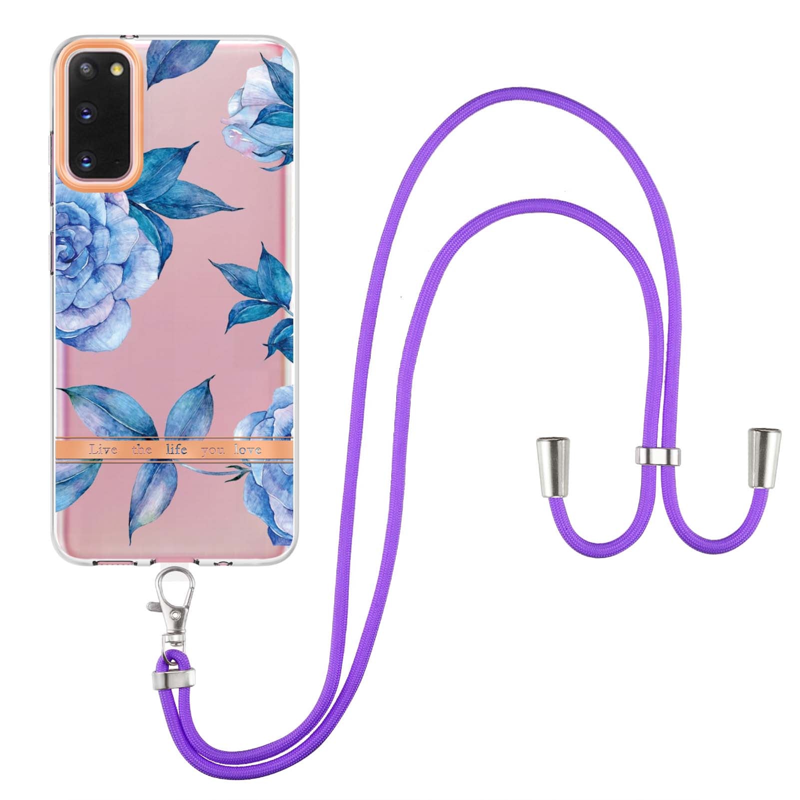 YB IMD-9 Series IMD IML Electroplating Phone Case for Samsung Galaxy S20 4G/S20 5G, Soft TPU Flower Pattern Phone Cover with Lanyard - HC003 Blue Peony