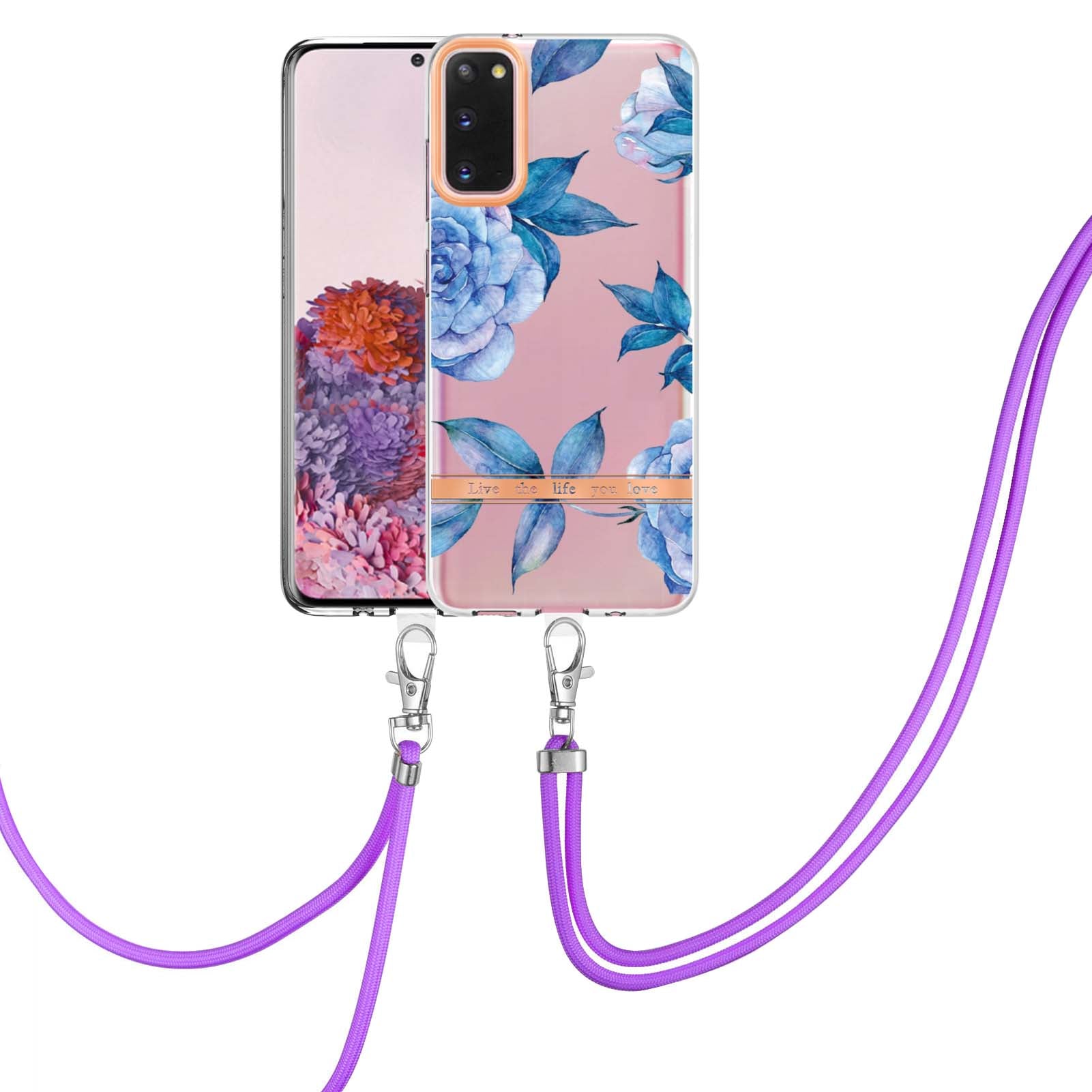 YB IMD-9 Series IMD IML Electroplating Phone Case for Samsung Galaxy S20 4G/S20 5G, Soft TPU Flower Pattern Phone Cover with Lanyard - HC003 Blue Peony