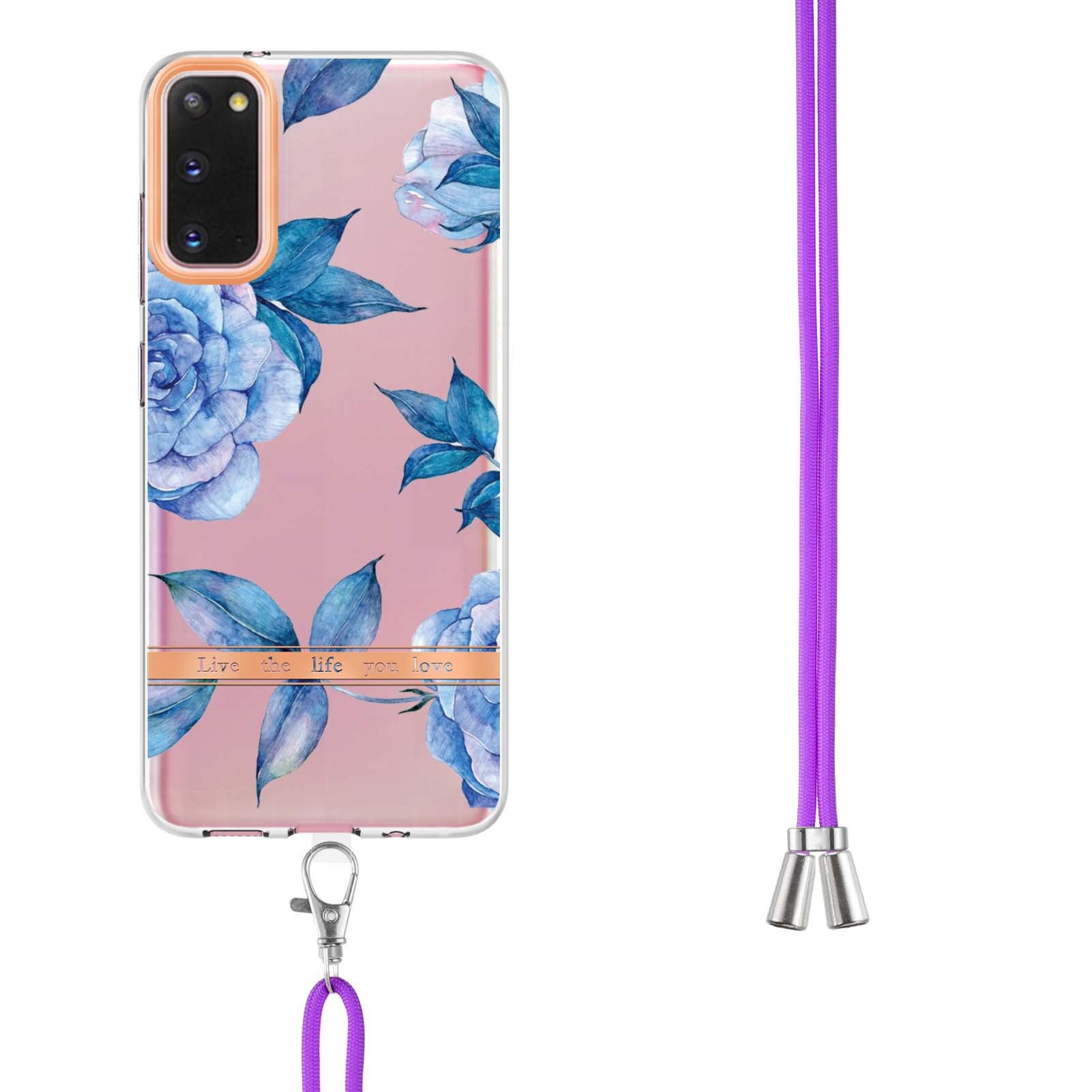 YB IMD-9 Series IMD IML Electroplating Phone Case for Samsung Galaxy S20 4G/S20 5G, Soft TPU Flower Pattern Phone Cover with Lanyard - HC003 Blue Peony