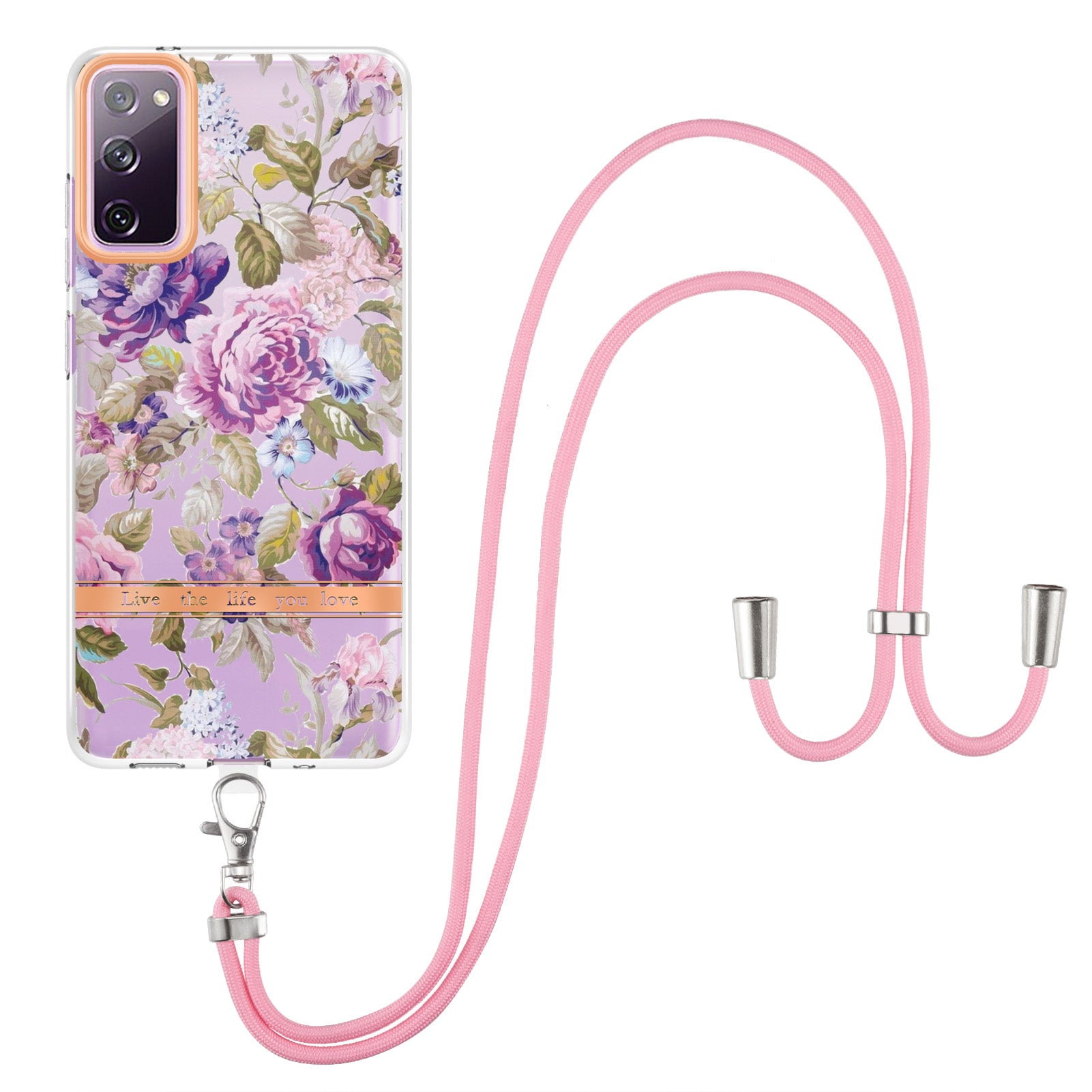 For Samsung Galaxy S20 FE 2022/S20 FE/S20 FE 5G/S20 Lite/S20 Fan Edition/S20 Fan Edition 5G YB IMD-9 Series Flower Pattern TPU Case Lanyard IMD IML Electroplating Phone Cover - HC006 Purple Peony