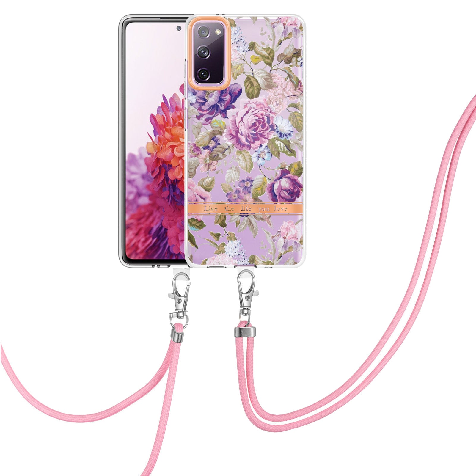 For Samsung Galaxy S20 FE 2022/S20 FE/S20 FE 5G/S20 Lite/S20 Fan Edition/S20 Fan Edition 5G YB IMD-9 Series Flower Pattern TPU Case Lanyard IMD IML Electroplating Phone Cover - HC006 Purple Peony