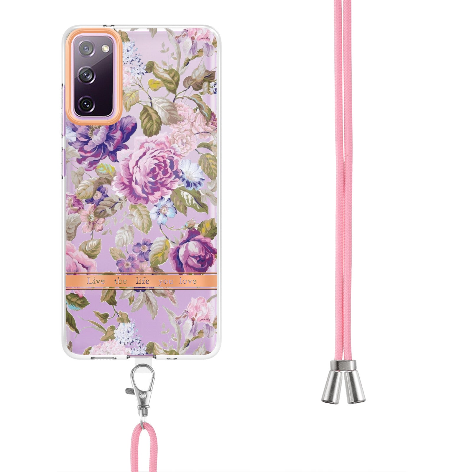 For Samsung Galaxy S20 FE 2022/S20 FE/S20 FE 5G/S20 Lite/S20 Fan Edition/S20 Fan Edition 5G YB IMD-9 Series Flower Pattern TPU Case Lanyard IMD IML Electroplating Phone Cover - HC006 Purple Peony