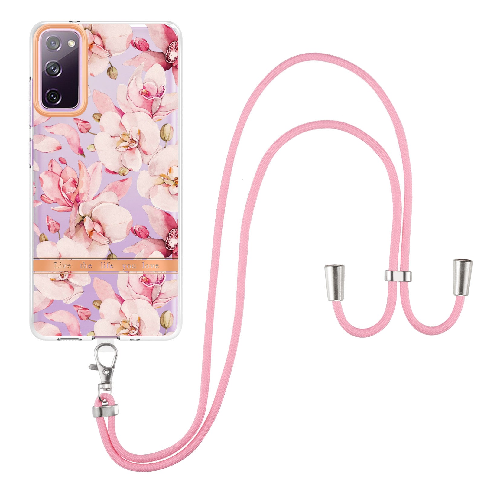 For Samsung Galaxy S20 FE 2022/S20 FE/S20 FE 5G /S20 Lite/S20 Fan Edition/S20 Fan Edition 5G YB IMD-9 Series Flower Pattern TPU Case Lanyard IMD IML Electroplating Phone Cover - HC005 Pink Gardenia