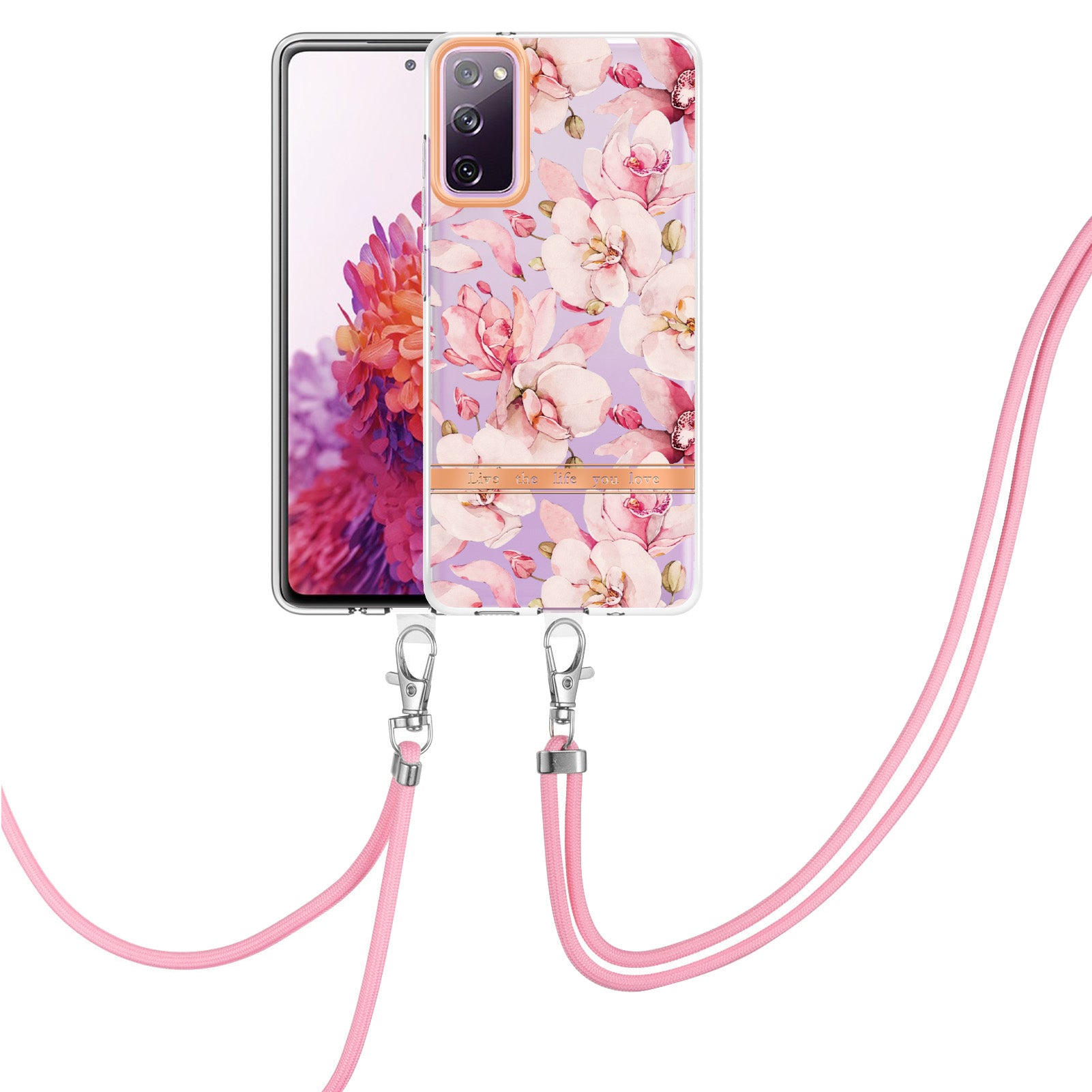 For Samsung Galaxy S20 FE 2022/S20 FE/S20 FE 5G /S20 Lite/S20 Fan Edition/S20 Fan Edition 5G YB IMD-9 Series Flower Pattern TPU Case Lanyard IMD IML Electroplating Phone Cover - HC005 Pink Gardenia