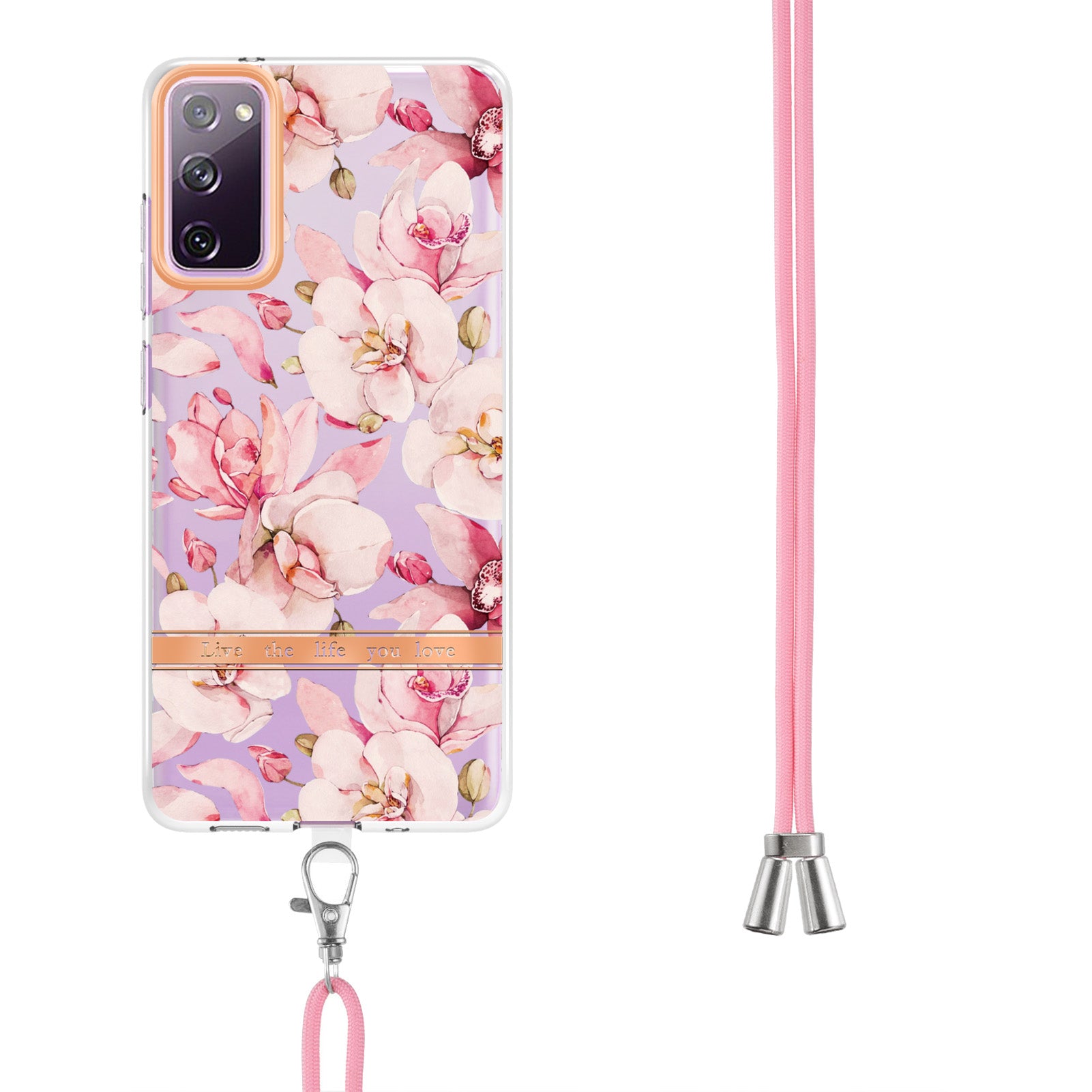 For Samsung Galaxy S20 FE 2022/S20 FE/S20 FE 5G /S20 Lite/S20 Fan Edition/S20 Fan Edition 5G YB IMD-9 Series Flower Pattern TPU Case Lanyard IMD IML Electroplating Phone Cover - HC005 Pink Gardenia