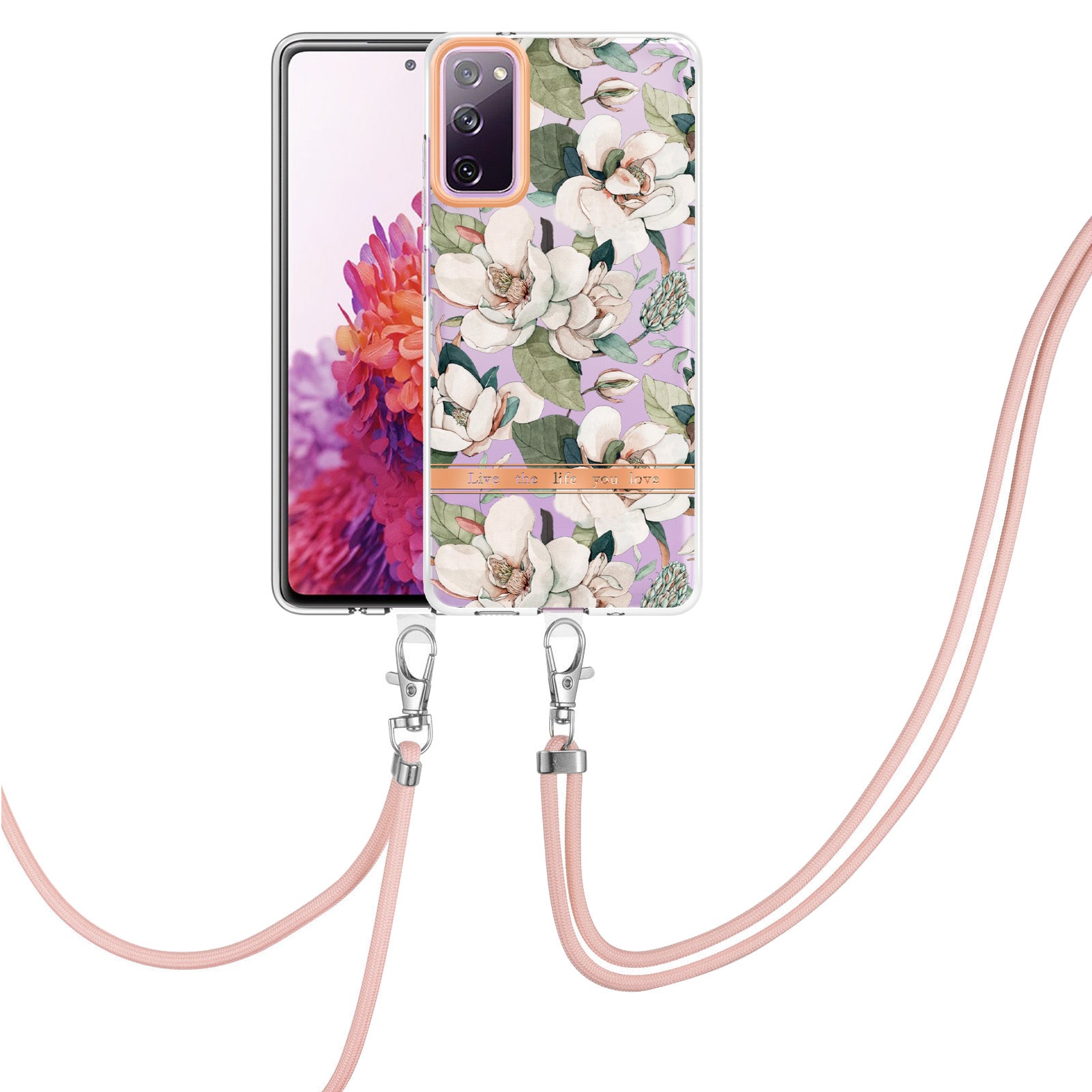 For Samsung Galaxy S20 FE 2022/S20 FE/S20 FE 5G /S20 Lite/S20 Fan Edition/S20 Fan Edition 5G YB IMD-9 Series Flower Pattern TPU Case Lanyard IMD IML Electroplating Phone Cover - HC001 Green Gardenia