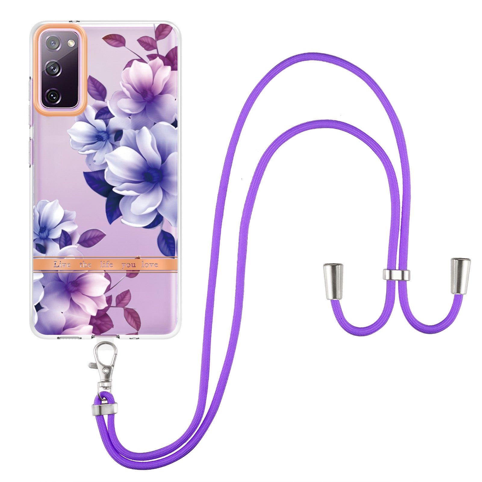 For Samsung Galaxy S20 FE 2022/S20 FE/S20 FE 5G /S20 Lite/S20 Fan Edition/S20 Fan Edition 5G YB IMD-9 Series Flower Pattern TPU Case Lanyard IMD IML Electroplating Phone Cover - HC004 Purple Begonia