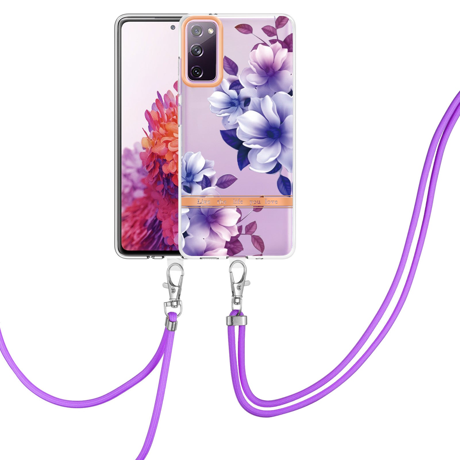 For Samsung Galaxy S20 FE 2022/S20 FE/S20 FE 5G /S20 Lite/S20 Fan Edition/S20 Fan Edition 5G YB IMD-9 Series Flower Pattern TPU Case Lanyard IMD IML Electroplating Phone Cover - HC004 Purple Begonia