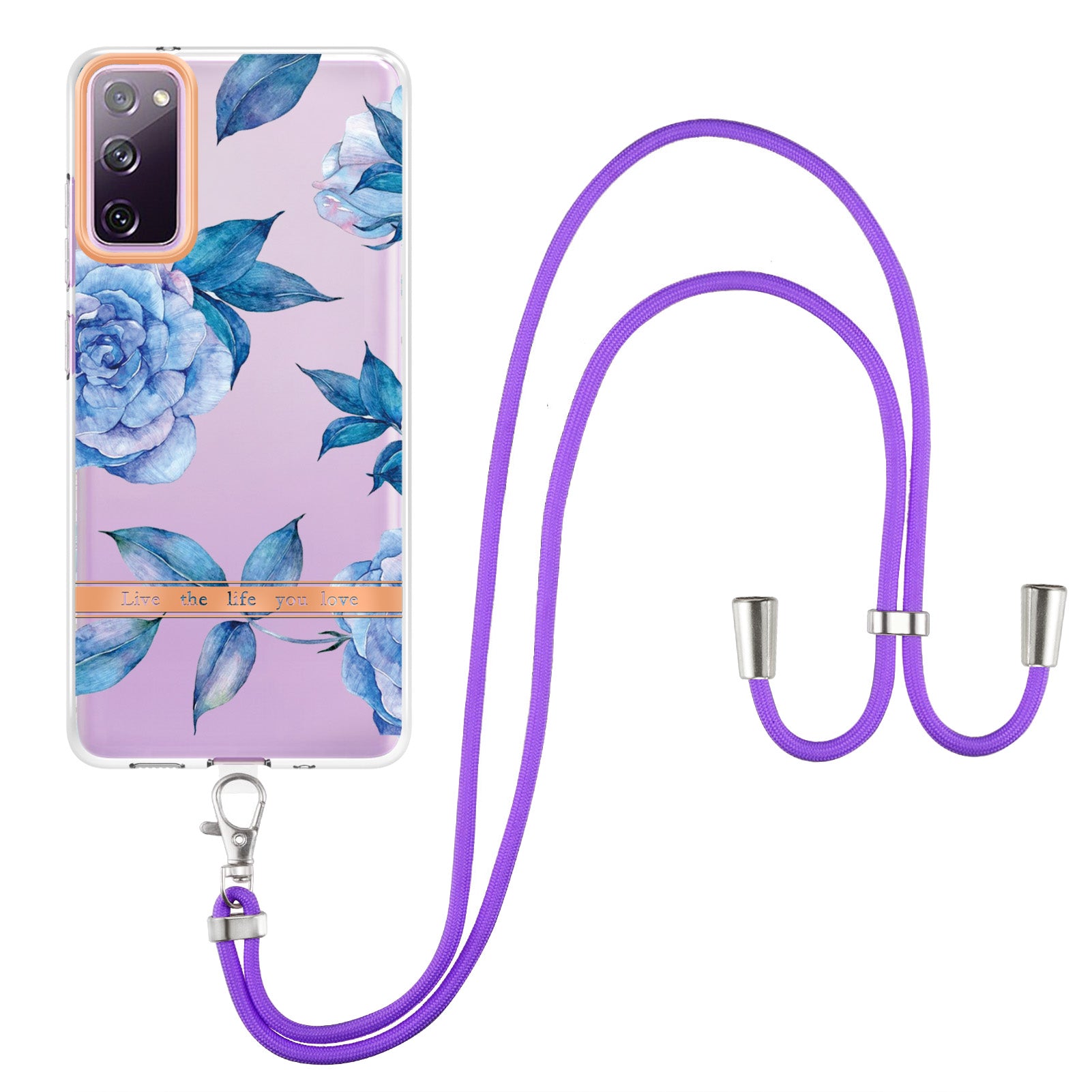 For Samsung Galaxy S20 FE 2022/S20 FE/S20 FE 5G /S20 Lite/S20 Fan Edition/S20 Fan Edition 5G YB IMD-9 Series Flower Pattern TPU Case Lanyard IMD IML Electroplating Phone Cover - HC003 Blue Peony