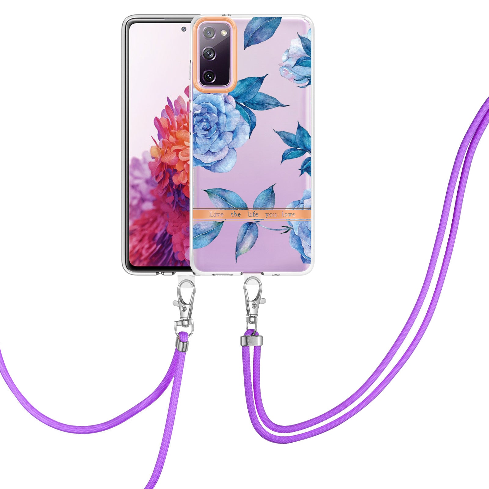 For Samsung Galaxy S20 FE 2022/S20 FE/S20 FE 5G /S20 Lite/S20 Fan Edition/S20 Fan Edition 5G YB IMD-9 Series Flower Pattern TPU Case Lanyard IMD IML Electroplating Phone Cover - HC003 Blue Peony