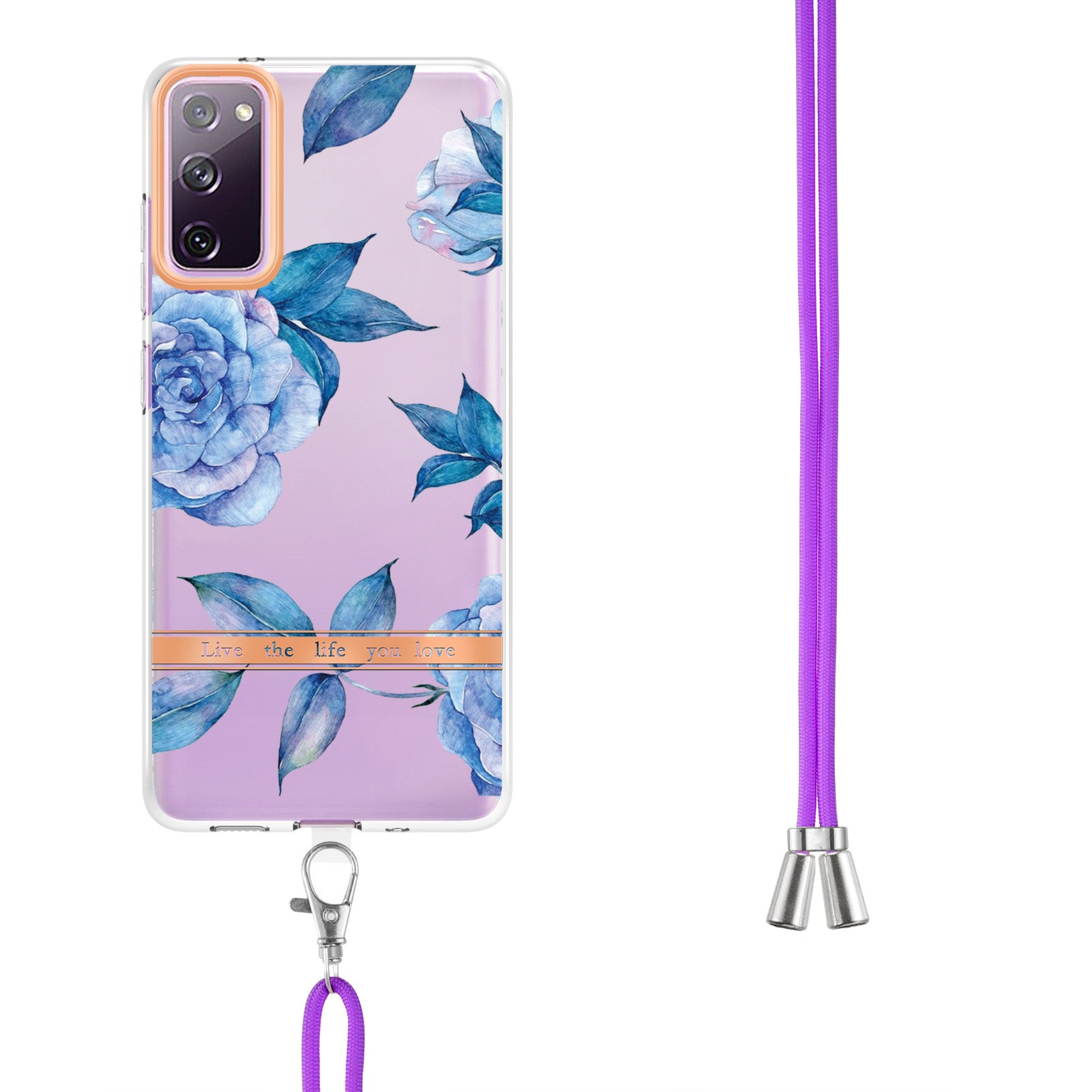 For Samsung Galaxy S20 FE 2022/S20 FE/S20 FE 5G /S20 Lite/S20 Fan Edition/S20 Fan Edition 5G YB IMD-9 Series Flower Pattern TPU Case Lanyard IMD IML Electroplating Phone Cover - HC003 Blue Peony